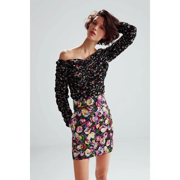 Zara Women's Multicolor Floral Off The Shoulder Long Sleeve Blouse Top Size S - Picture 1 of 6